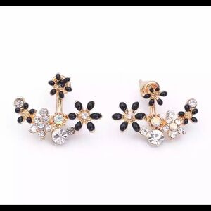 Elegant Daisy Flower Front Back Stud Earrings - Gold Tone, Crystal Accents